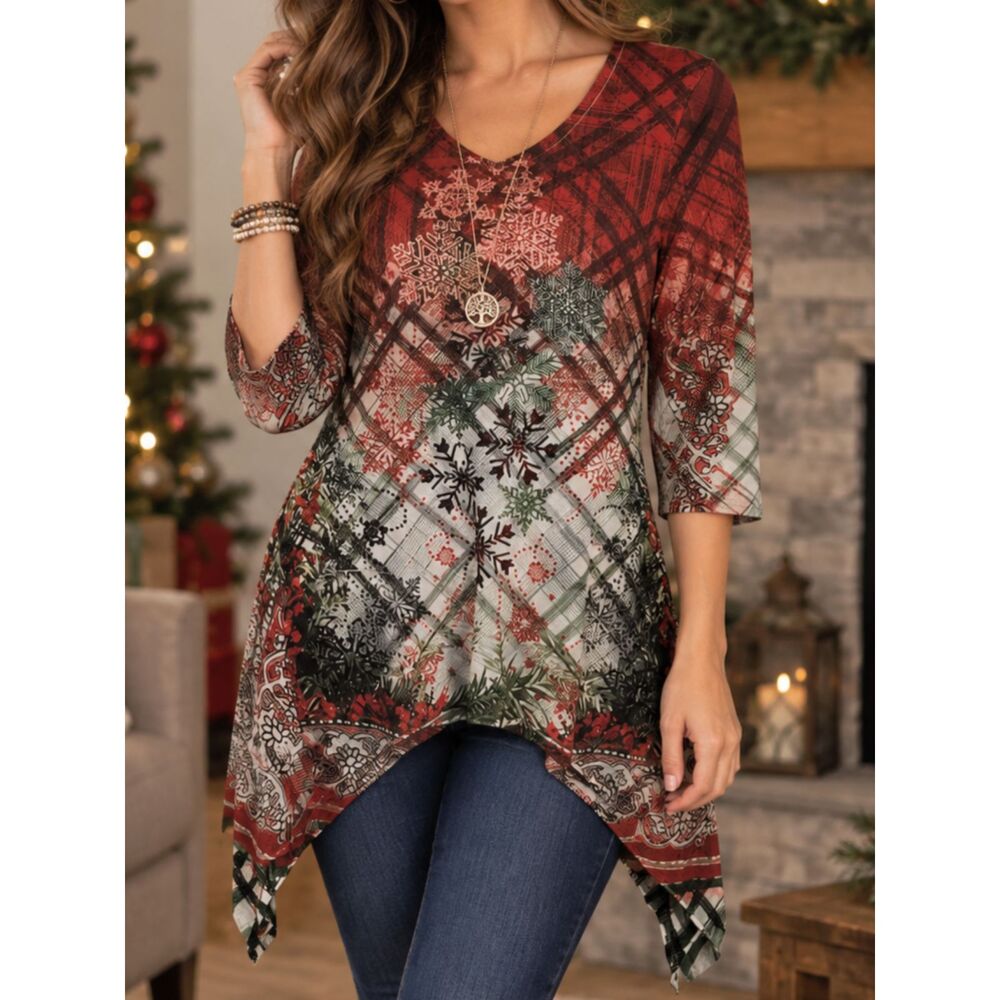 LIVE & LET LIVE Boho Christmas Holiday Tunic Small Women Snowflake Blouse Shirt